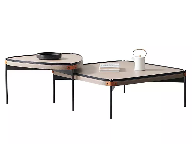 Beige Top Nesting Coffee Tables with Leather Strap Accents–STLTT827