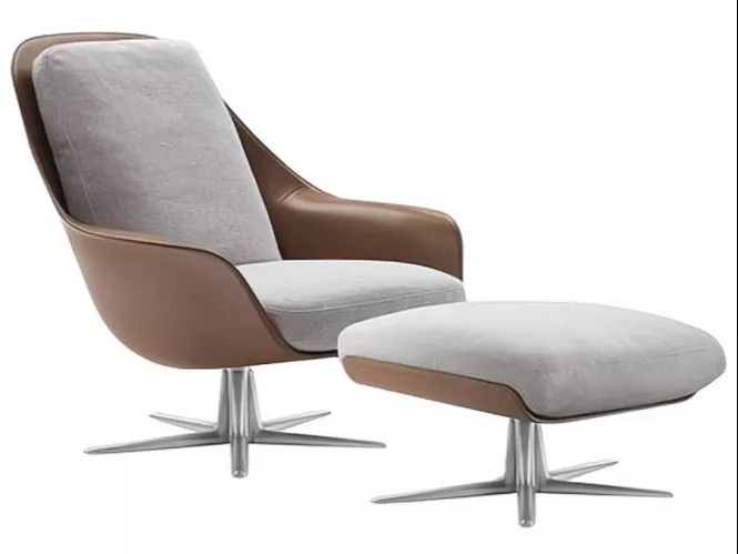 Brown Leather and Fabric Lounge Chair with Ottoman – STLDC534
