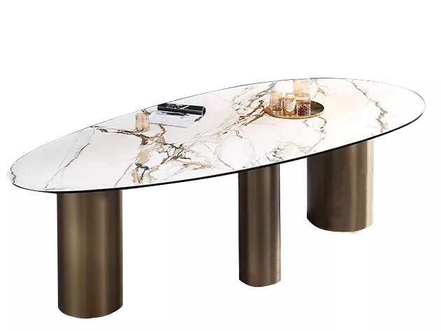 Hotel Oval White Marble Table with Brass Pedestal Legs – STLTT584