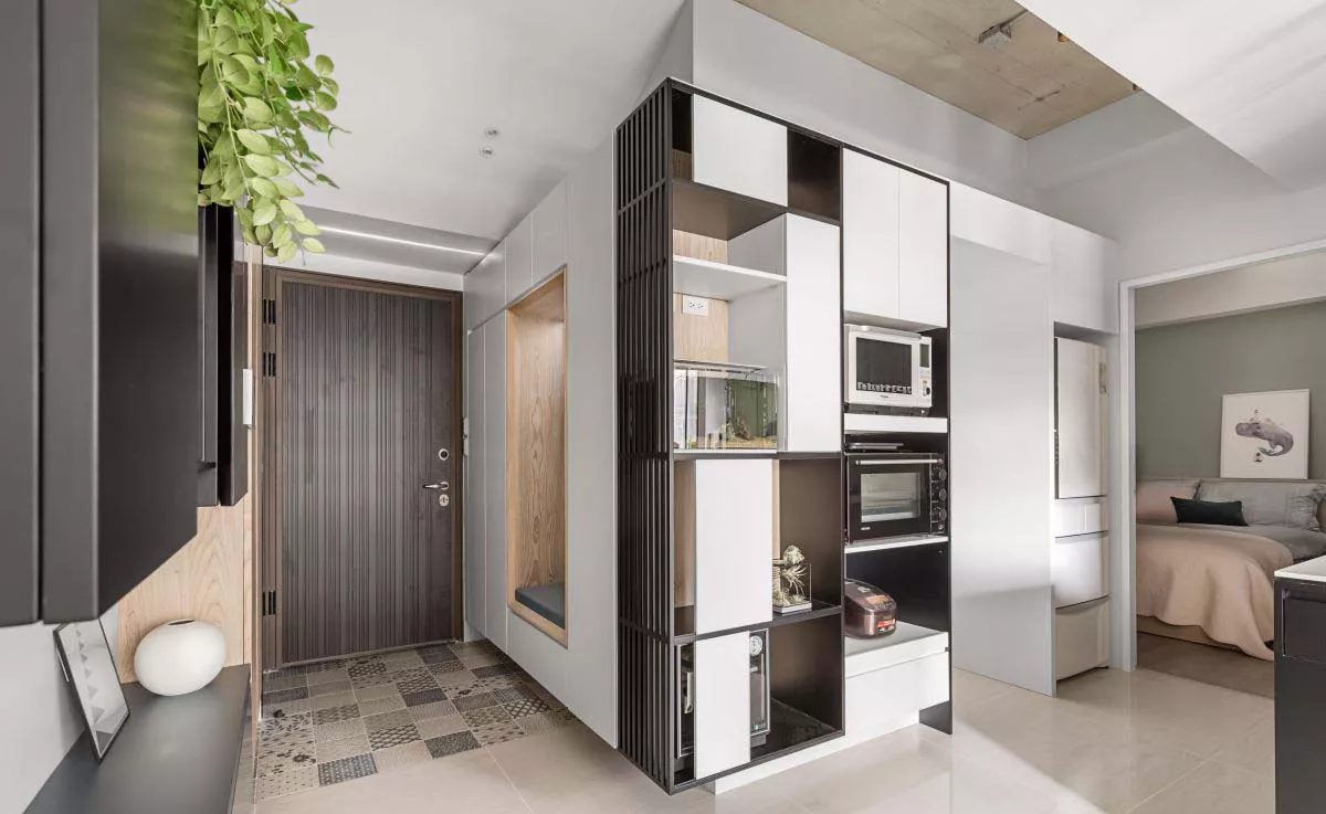 integrated entry storage and kitchen cabinets for serviced apartment
