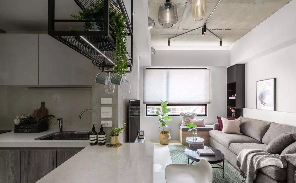 open kitchen and breakfast bar for 35 sqm serviced apartment