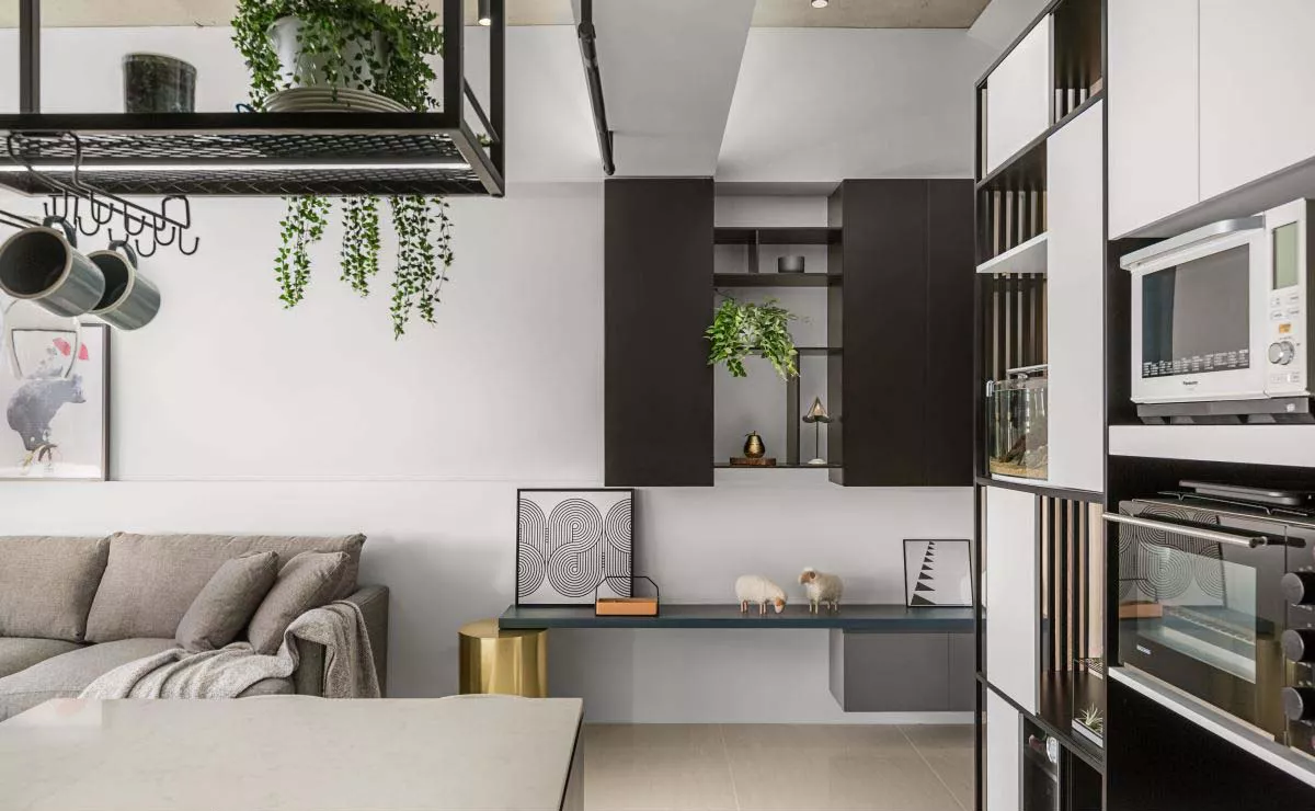 integrated appliance cabinet and open display storage
