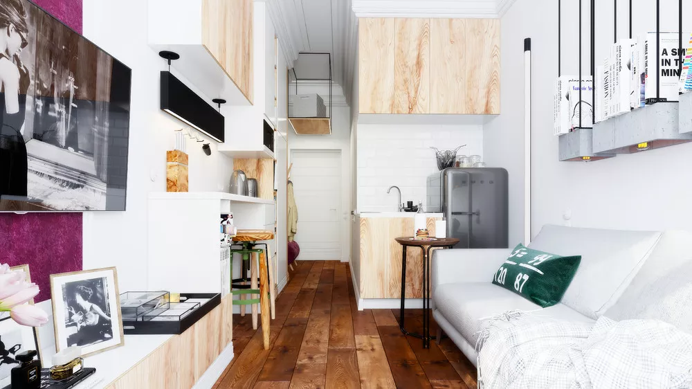 compact serviced studio kitchen and storage wall