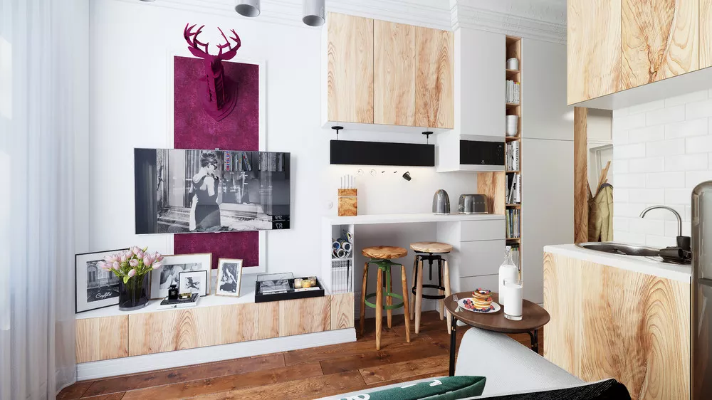 open shelving and wardrobe storage for studio apartment