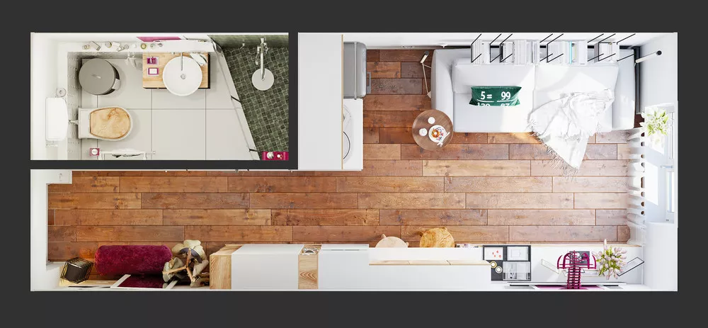 26 sqm serviced studio furniture layout