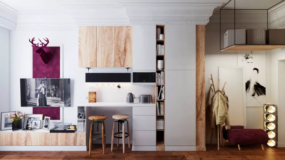 compact apartment kitchen and TV wall furniture
