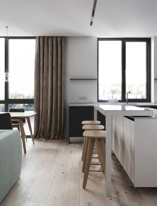apartment kitchen joinery beside the living and dining area