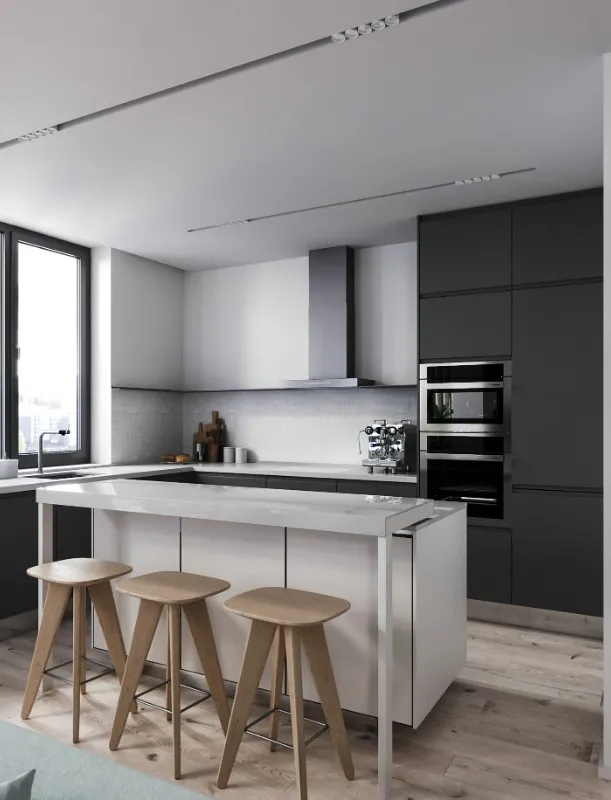 multifamily apartment kitchen island with counter stools