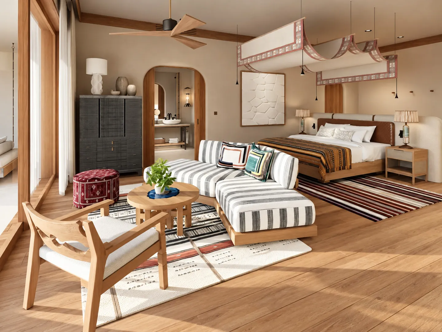 Desert resort hotel guest room furniture package with bed and lounge seating