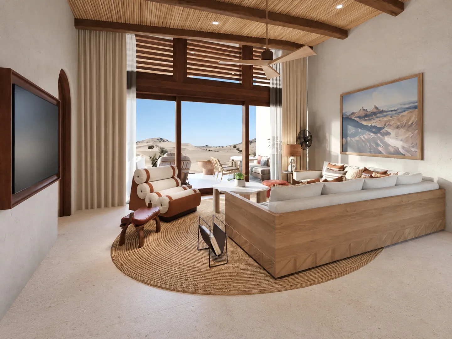 Desert resort suite lounge furniture facing the terrace