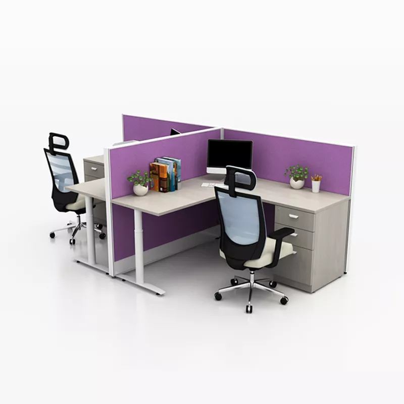 L-Shaped 4-Person Workstation with Purple Partitions – STLOT5459