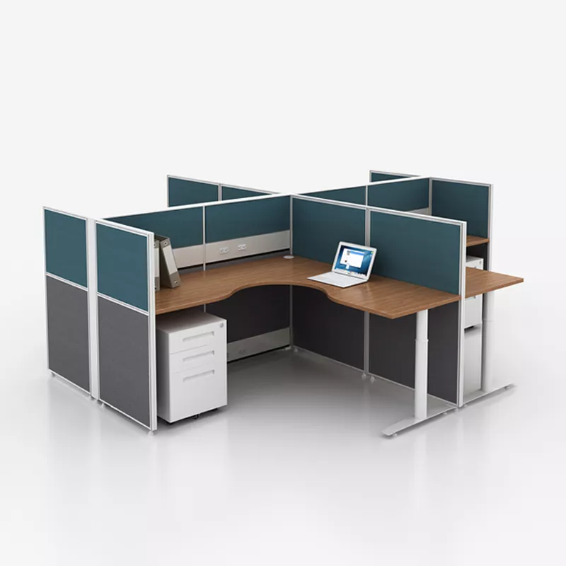 L-Shaped Office Workstation with Blue Panels – STLO5F471