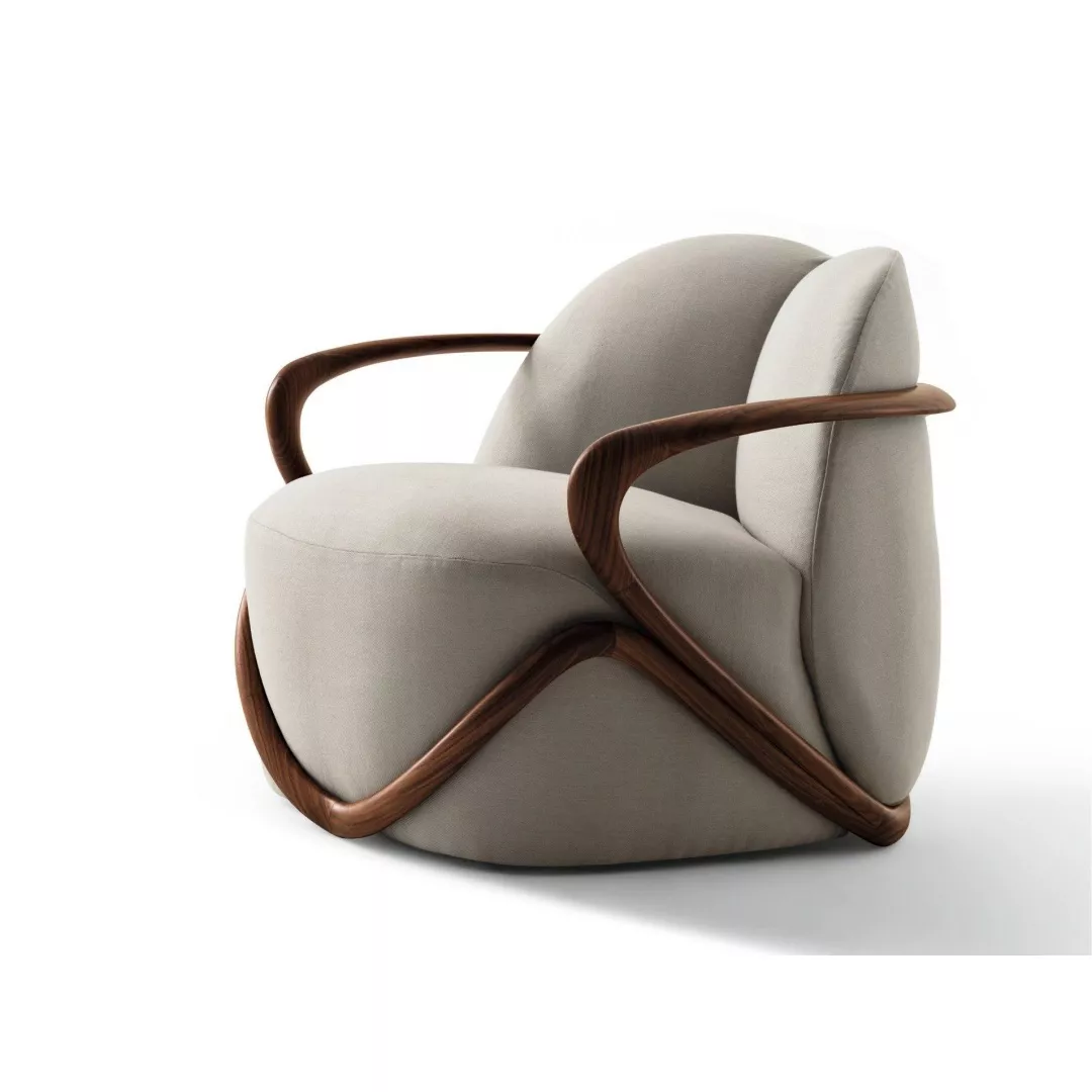 Contemporary Gray Lounge Chair with Sculptural Wooden Arms - STLOU6935